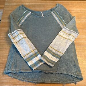 Free People Blue and Cream Long Sleeve Top